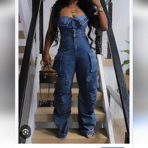 NWT Womens Loragal Denim Strapless Cargo Jumpsuit